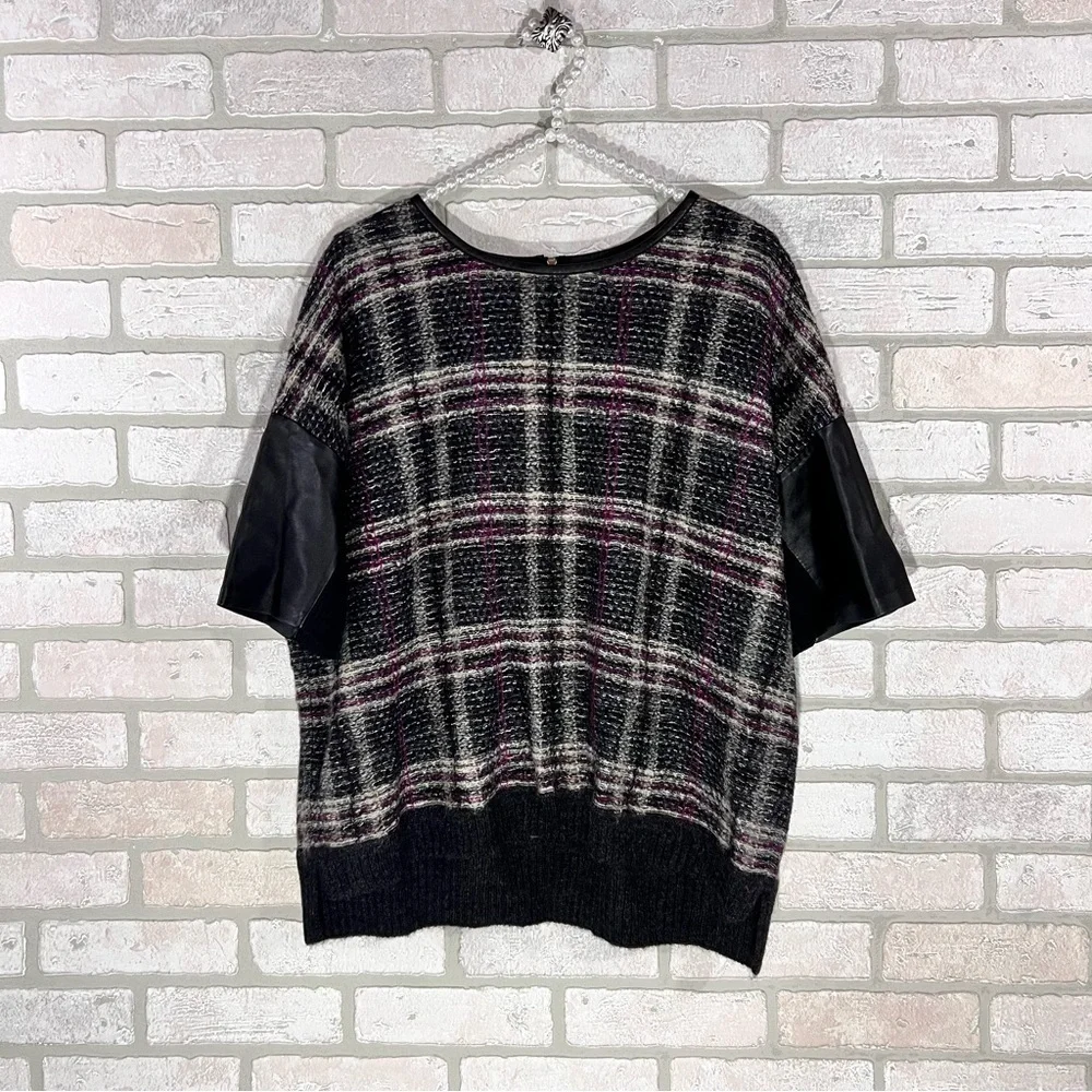 St John Plaid Mohair Wool Blend Leather Trim Short Sleeve Sweater Size L